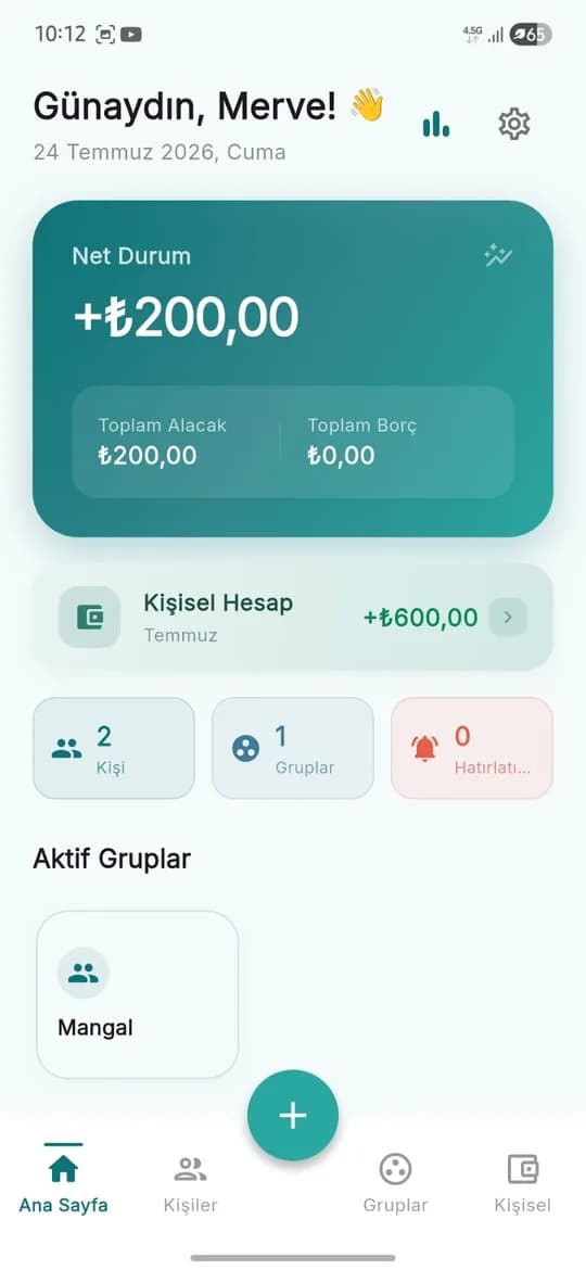 Nuhesap ana ekranı: net durum, kişiler ve gruplar